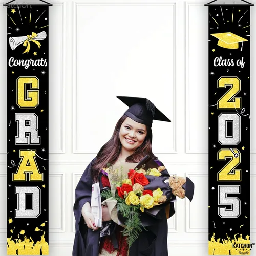Vista 8 de KatchOn, Pancarta grande de graduación negro y dorado 2025 – 72 x 12 pulgadas Cartel de felicitación de graduación 2025 para decoraciones