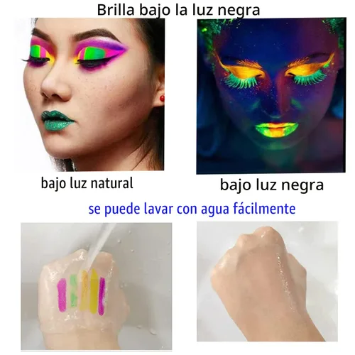Vista 6 de 12 piezas de pintura corporal y facial que brilla en la oscuridad, maquillaje de pintura facial neón en barras que brillan bajo luz UV, kits