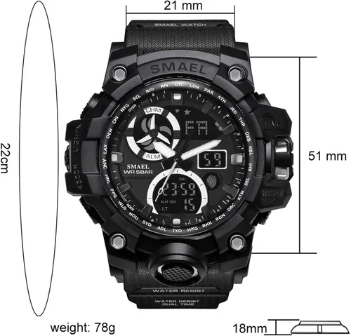 Vista 3 de Reloj analógico de cuarzo para hombre con doble pantalla y alarma digital con iluminación LED Negro