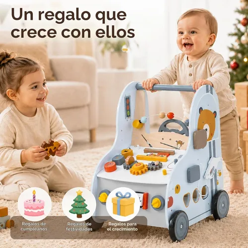 Vista 8 de Giant bean - Andador de bebé de madera con centro de actividades – Herramienta con tema de tráfico de automóviles, clasificador de formas de banco