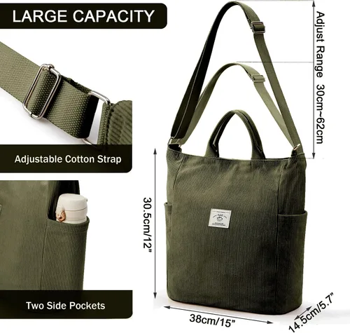 Vista 5 de KALIDI Bolso de mano de pana, bolso grande tipo mensajero para hombro, antisalpicaduras, bolsa cruzada con cremallera, casual, trabajo, compras