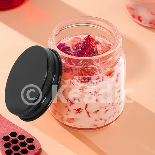 Vista 7 de Keadic Juego de 12 tarros de vidrio de 4.1 fl oz/4 onzas con tapas, mini tarros redondos herméticos para muestras de conservas con tapas negras