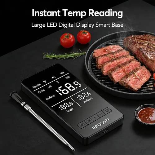 Vista 3 de BBQOVN - Termómetro inalámbrico inteligente WiFi para carne, sub-1G de largo alcance de 1000 pies, 7 sensores certificados NIST en 1 sonda fina