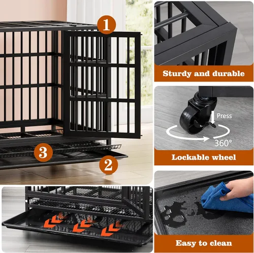 Vista 4 de Vongrasig Jaula para perros indestructible resistente de 38 pulgadas, a prueba de escape, con ruedas bloqueables, jaula para perros de doble puerta