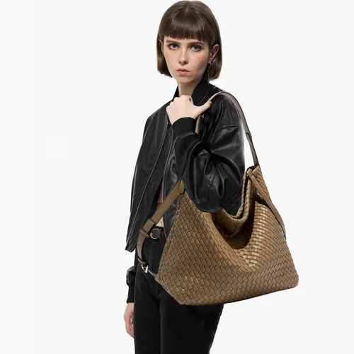 Vista 2 de JINMANXUE Bolso Boston para mujer, bolso tejido de cuero vegano, bolso de mensajero para mujer, bolso de hombro de moda, casual hobo