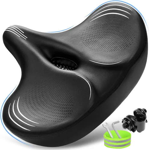 Vista 10 de CDYWD Asiento de bicicleta de gran tamaño para hombres y mujeres, cojín de asiento de bicicleta extra ancho, cómodo acolchado de ala, sillín