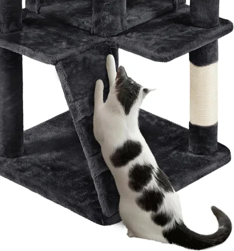 Vista 8 de Yaheetech Árbol para gatos de varios niveles para gatos grandes, con cómodos condominios para gatos de interior Multi-level activity center, Negro