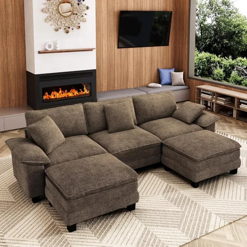 Vista 42 de Sofá seccional en forma de U de 123 pulgadas con cojines tipo nube, juego de sofá modular de asiento profundo con 5 asientos y 2 otomanos, brazos