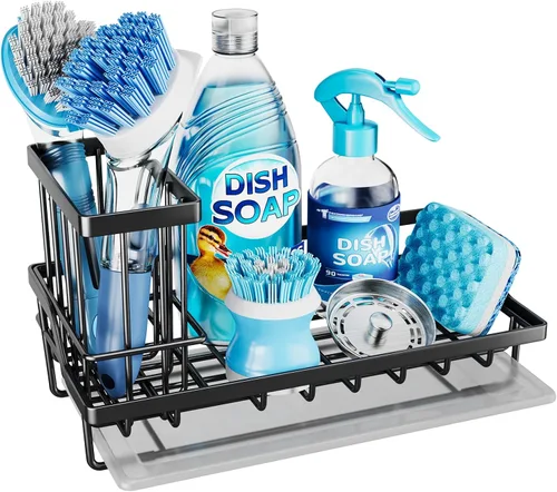 Vista 8 de Consumest Organizador para fregadero, soporte de esponja de cocina con soporte para cepillos de platos, organizador de cocina con bandeja de goteo