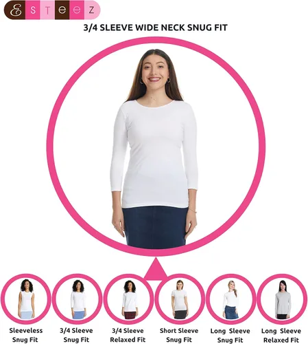Vista 5 de ESTEEZ Camiseta de algodón de manga 34 para mujer, ajuste ceñido, camiseta de cuello ancho para mujer