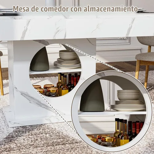 Vista 6 de Mesa de comedor de 55 pulgadas para 4 a 6 personas, mesa de comedor de madera de granja con cajones y almacenamiento abierto para cocina, comedor