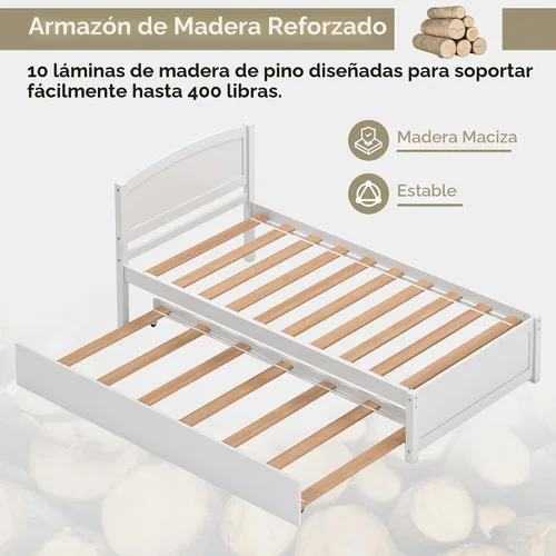 Vista 5 de Cama nido individual, marco de cama extraíble de madera maciza, cama de día extensible con cabecera y soporte de listones de madera sólida Blanco