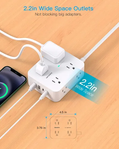Vista 5 de Extensión de cable de 15 pies, tira de alimentación con 4 puertos USB (2 USB C), HANYCONY 8 protectores de sobretensión con salidas y enchufe plano