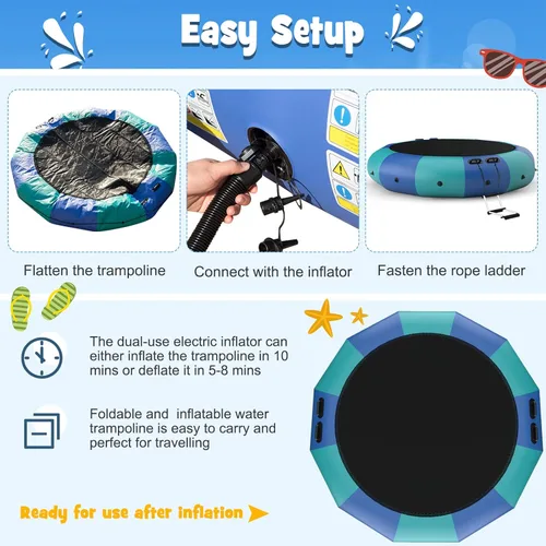 Vista 4 de Giantex Trampolín acuático inflable de 10 pies, 12 pies y 15 pies, trampolín flotante con soplador de 500 W y escalera de cuerda de 3 escalones