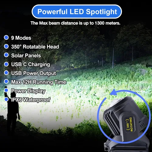Vista 2 de Linterna de foco recargable, 2,000,000 L lúmenes, luz LED de mano con rotación de 350°, 9 modos, carga solar y USB-C, impermeable, linterna