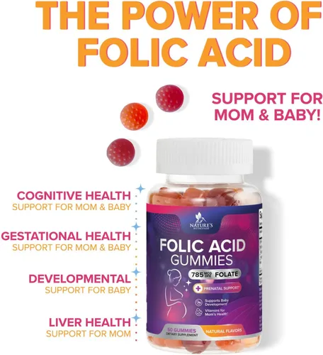 Vista 6 de Gomitas de ácido fólico para mujeres, folato de 785 mcg por porción, vitaminas prenatales esenciales para mamá y bebé, suplemento fólico vegano