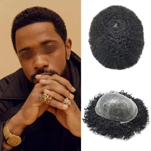 Vista 11 de LYRICAL HAIR Afro Toupee 360 unidades de cabello afro ondulado para hombres negros, sistema de reemplazo de inyección de poliuretano de piel fina