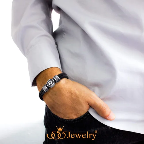 Vista 2 de 555Jewelry - Pulsera de piel trenzada de acero inoxidable con diseño de estrella de David para hombre