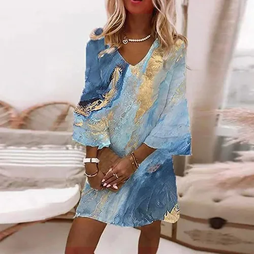 Vista 2 de Vestido de verano para mujer 2023, dulce y lindo cuello en V, manga acampanada, mini vestido suelto de manga 34, vestido floral con vuelo