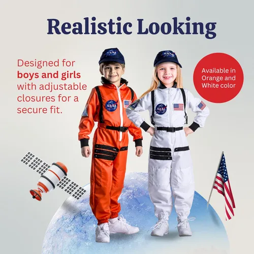 Vista 8 de Dress Up America Kids NASA Astronaut Costume – Orange Space Suit with Cap – Realistic Halloween & Dress-Up Outfit