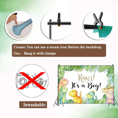 Vista 7 de Cartel de fondo de baby shower de dinosaurio pequeño de 7 x 5 pies con texto en inglés "It's A Boy" ("It's A Boy"), telón de fondo para baby shower