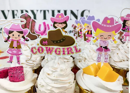 Vista 8 de 36 adornos para cupcakes con temática occidental, decoración de tartas de vaquera rosa, para vaqueras occidentales, fiesta de cumpleaños