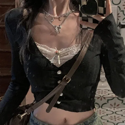 Vista 2 de Camisa de hada para mujer, de manga larga, con estampado vintage, cuello redondo, estética, ajustada, ropa de grunge