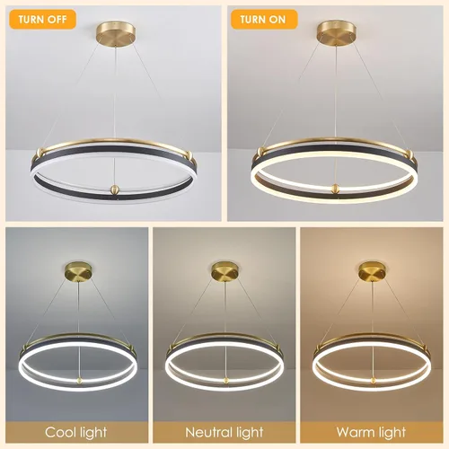 Vista 7 de Benkut Lámpara colgante LED moderna D24 pulgadas, color negro dorado, lámpara LED circular regulable, 1 anillo con control remoto, luz colgante