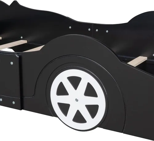 Vista 8 de anwickjeff Cama de plataforma en forma de auto de carreras con ruedas, cama de plataforma de madera tamaño individual con barandilla, cama