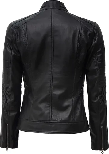 Vista 4 de Decrum Chaqueta de cuero real para mujer - Cafe Racer estilo motocicleta chaquetas de cuero moda ropa