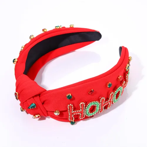 Vista 5 de Diadema de Navidad para mujer, accesorios de Navidad con cuentas, arco de Navidad, árbol, copo de nieve, diadema anudada HOHOHO, rojo y verde, perla