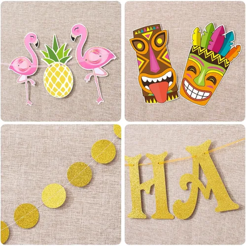 Vista 5 de WERNNSAI Pancarta hawaiana de Aloha para fiestas, flamenco, piña, tiki, tropical, Luau, suministros de fiesta, recuerdos, grande, dorado, brillante