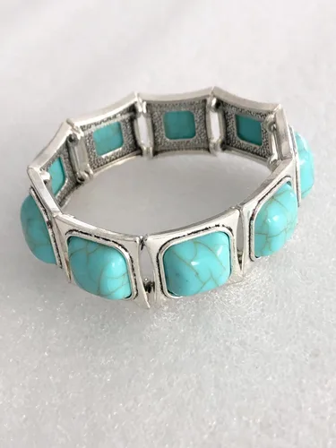 Vista 4 de Pulsera elástica con diseño navajo suroeste occidental vintage de mediados de siglo, resina y turquesa, Metal Gema, No es una piedra preciosa