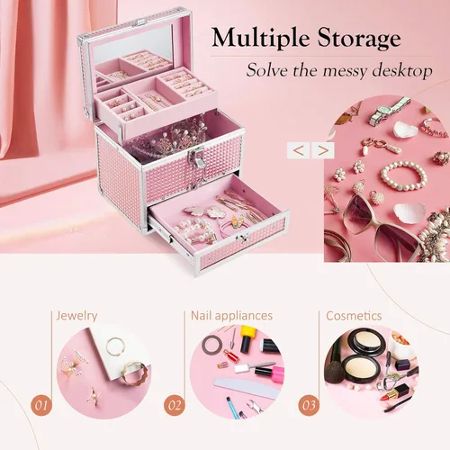 Vista 3 de Hododou Caja de maquillaje de joyería para mujer con espejo y bandeja con cerradura para cosméticos estuche de almacenamiento portátil