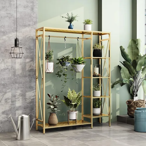 Vista 5 de TIEOU Estantes de ropa dorados modernos independientes, estante de ropa dorado con estantes para boutiques, estante de ropa resistente para colgar