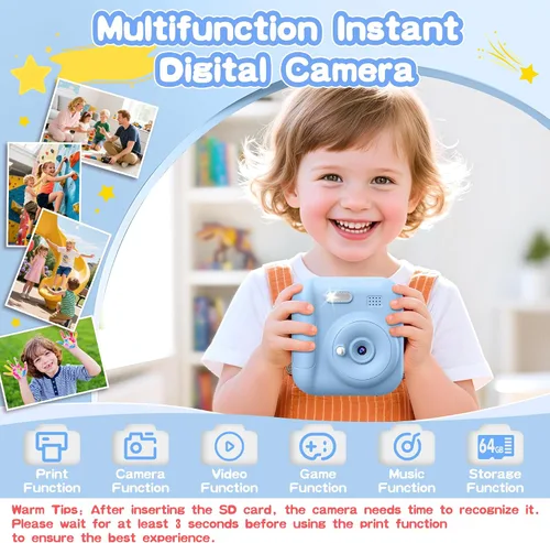 Vista 2 de Cámara de Impresión Instantánea para Niños, Juguetes para Niños Pequeños Cámara Digital de Impresión Instantánea para Edades de 3 a 12 años, Regalos