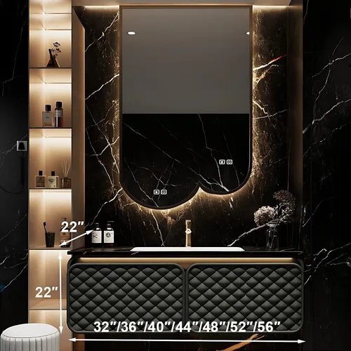 Vista 7 de Tocador de baño con fregadero, elegante tocador de baño flotante con espejo inteligente de desempañamiento, gabinete de fregadero de madera maciza