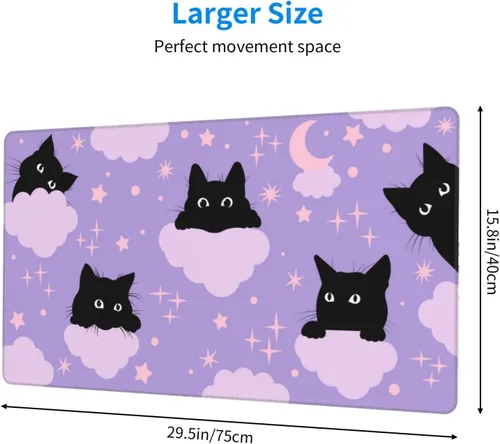 Vista 2 de Alfombrilla de mouse para juegos de gatos negros, larga y extendida, XL, color morado, grande, con bordes cosidos, 29.5 x 15.8 pulgadas
