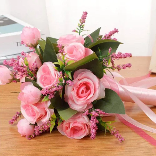 Vista 7 de EUBUY Ramos de boda para dama de honor, rosas artificiales blancas de 10.2 pulgadas, juego de ramos de seda de la serie Forest con lazo de cinta