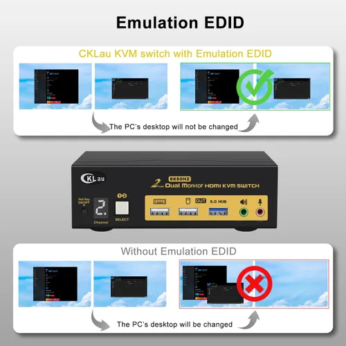 Vista 2 de Conmutador KVM HDMI 2.1 2x2 para 2 computadoras y 2 monitores, 8K @60Hz, 4K @144Hz, Hub USB 3.0, emulación EDID, teclas de acceso rápido