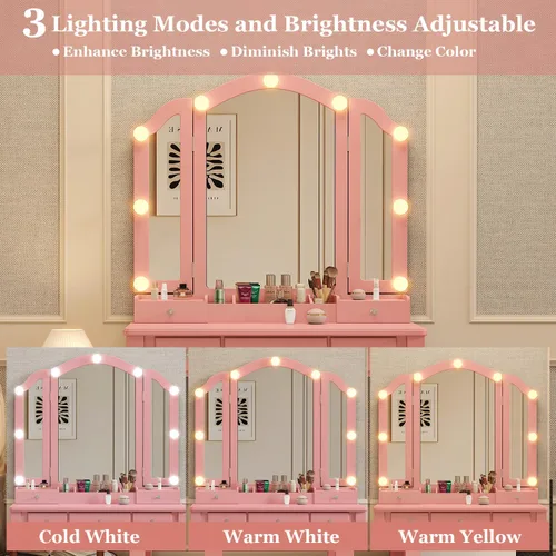 Vista 4 de Tocador de maquillaje rosa para niñas, escritorio con espejo y luces, tocador para niñas con luces, juego de tocador de maquillaje tocadores