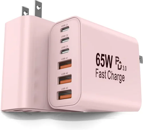 Vista 8 de FEEL2NICE Paquete de 2 bloques de cargador USB C de 65 W, bloque de carga rápida de pared de 6 puertos [3 PD USB-C y 3 QC USB-A] para iPhone 17 16