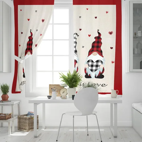Vista 4 de Juego de 2 paneles de cortinas opacas de 39 pulgadas de largo, para el día de San Valentín, gnomos de búfalo a cuadros, cortinas para oscurecer