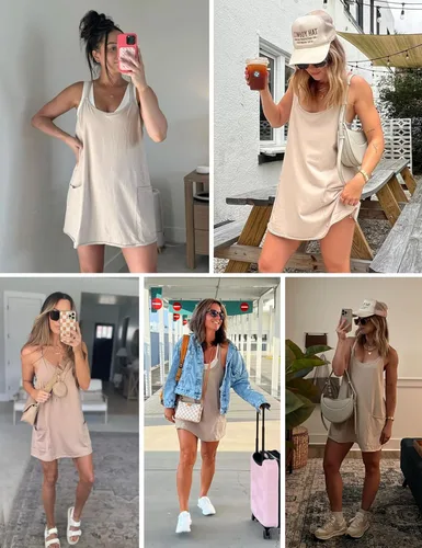 Vista 3 de LTSCNRM Vestido de tenis para mujer, mini vestido de entrenamiento, pantalones cortos incorporados, sin mangas, tirantes delgados, vestidos