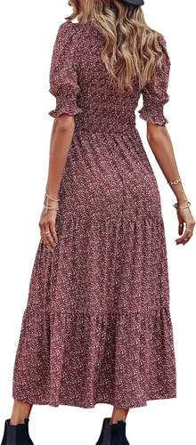 Vista 163 de BTFBM Vestidos para mujer, cuello redondo, casual, de verano, con volantes, manga corta, bohemio, con niveles, fruncido, largo, con estampado floral
