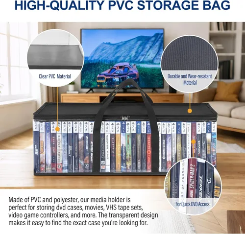 Vista 3 de Bolsas de almacenamiento de DVD CCidea (Set de 2) Funda de PVC transparente con asas para cajas de DVDs/CDs/VHS/Blu Ray/Películas/Videojuegos - Cada