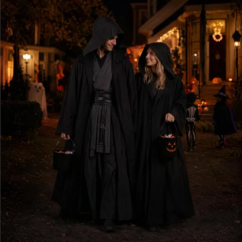 Vista 4 de GraduationMall Capa negra con capucha para adultos, disfraz de cosplay de Halloween, bata de mago Sith y capa de disfraz de la parca Negro