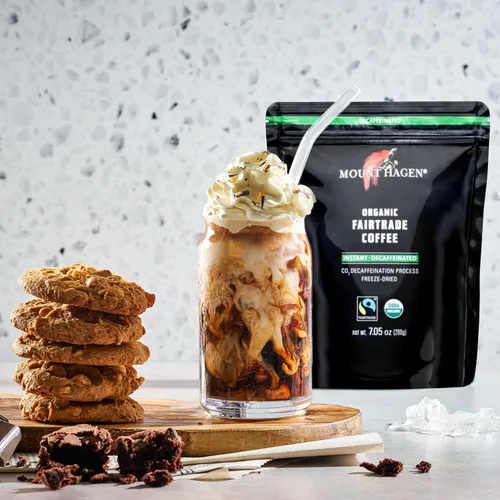 Vista 4 de Mount Hagen Tarro + bolsa resellable descafeinado orgánico liofilizado café instantáneo - Paquete combinado Granos arábica de tostado medio
