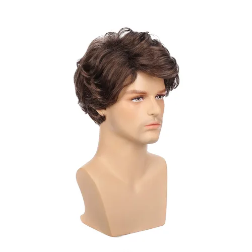 Vista 3 de Kaneles Pelucas para hombre, color marrón, corto, rizado, lanudo en capas, cosplay, Halloween, disfraces diarios, peluca masculina