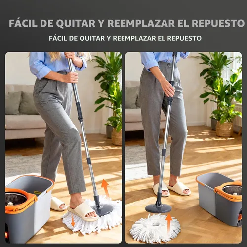Vista 4 de Juego de trapeador giratorio y cubo, cubos dobles desmontables separan el agua sucia con escurridor de acero inoxidable para limpieza de suelos